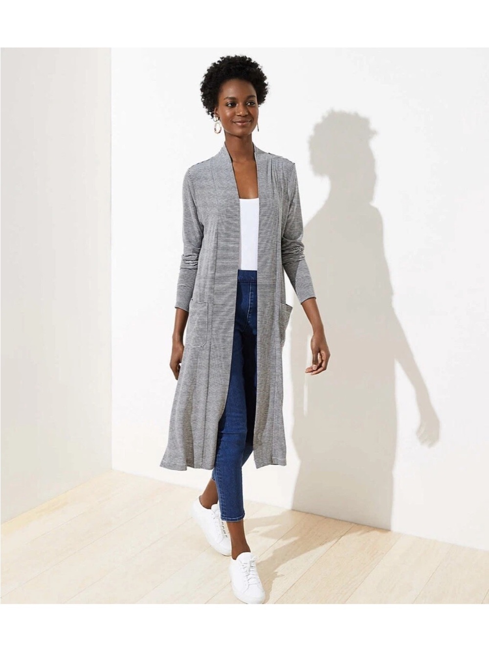 LOFT Gray and Black Striped Cardigan